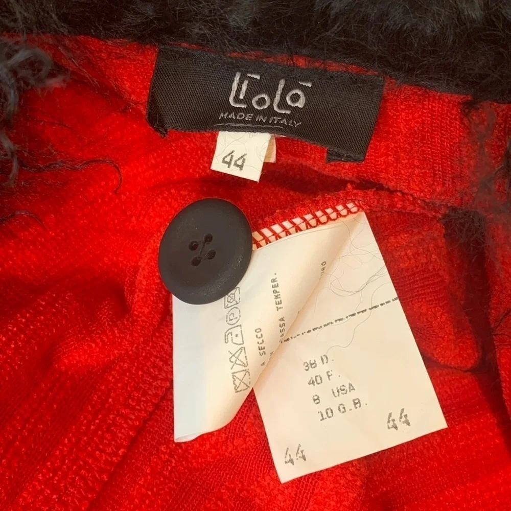 Lola Made in Italy Red Black Cable Knit Fur Collar Duster Cardigan Coat 8 44 - Picture 16 of 17